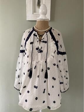 Kate Spade “Mini Dee Dot” Silk Polka Dot Ivory & Navy Blouse Small